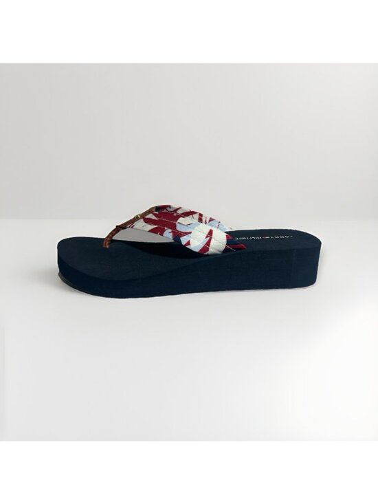 New Tommy Hilfiger Flip Flops Women’s 7 Navy Blue With Floral Print Wedge Heel - Picture 7 of 9